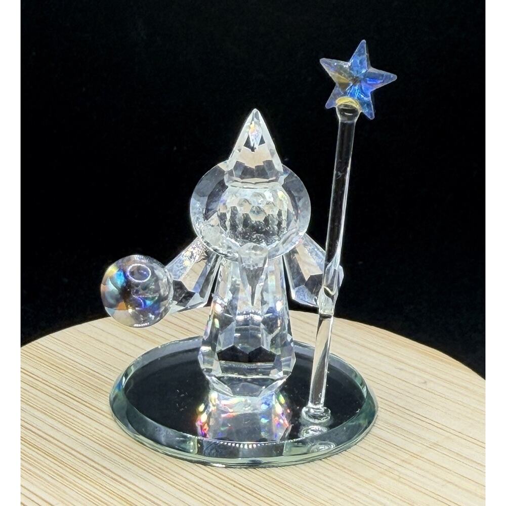 Vintage CFL Crystal Figurine Wizard w/ Wand & Crystal Ball Wand 2.25 Miniature
